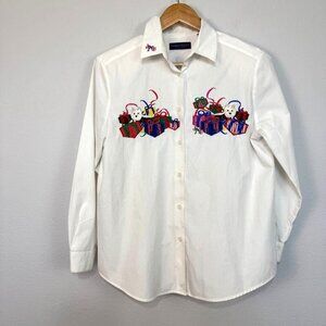 Karen Scott Holiday Scottie Presents Button Front Shirt White Size Petite Medium